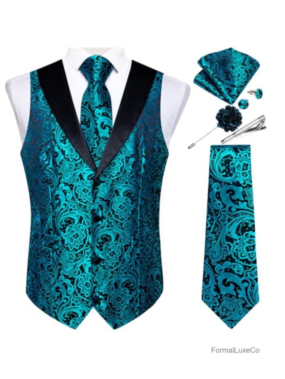 Mens Paisley Suit Vest Silk Jacquard Waistcoat Necktie Set 7pc Formal